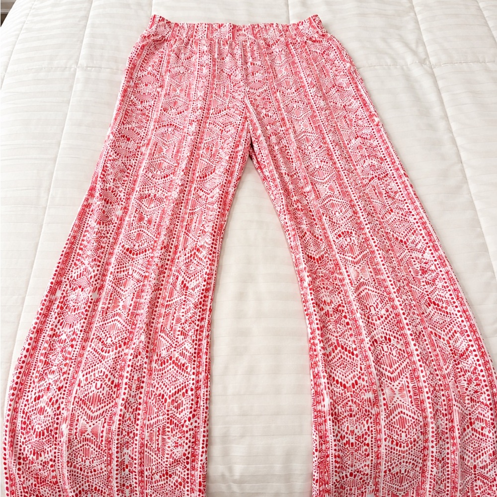 Red & White Printed Wide-Leg Pants